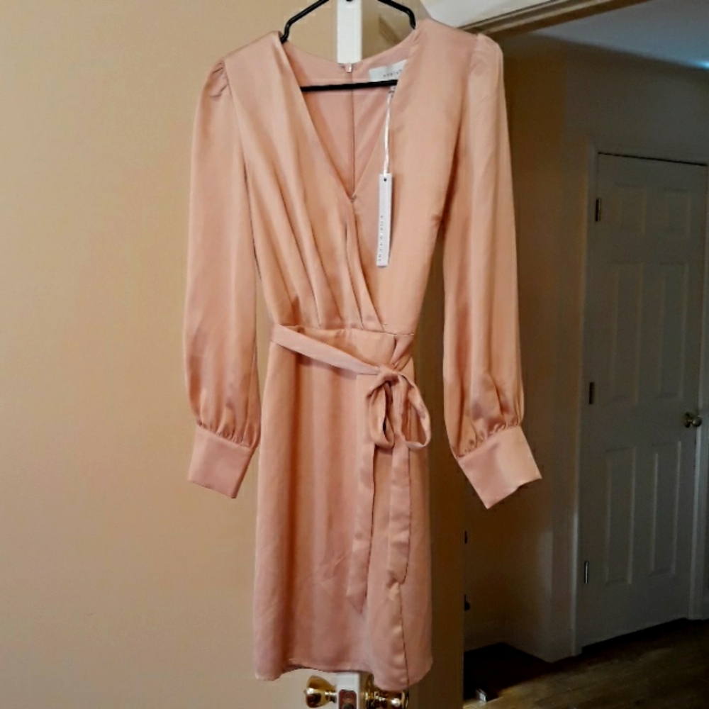 Adelyn rae pink satin dress with tie belt